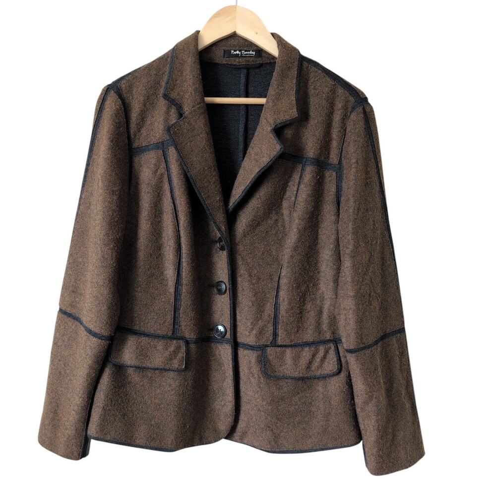 Betty Barclay Blazer Jacket Size 14 Womens Brown Contrast Trim Wool Blend Career